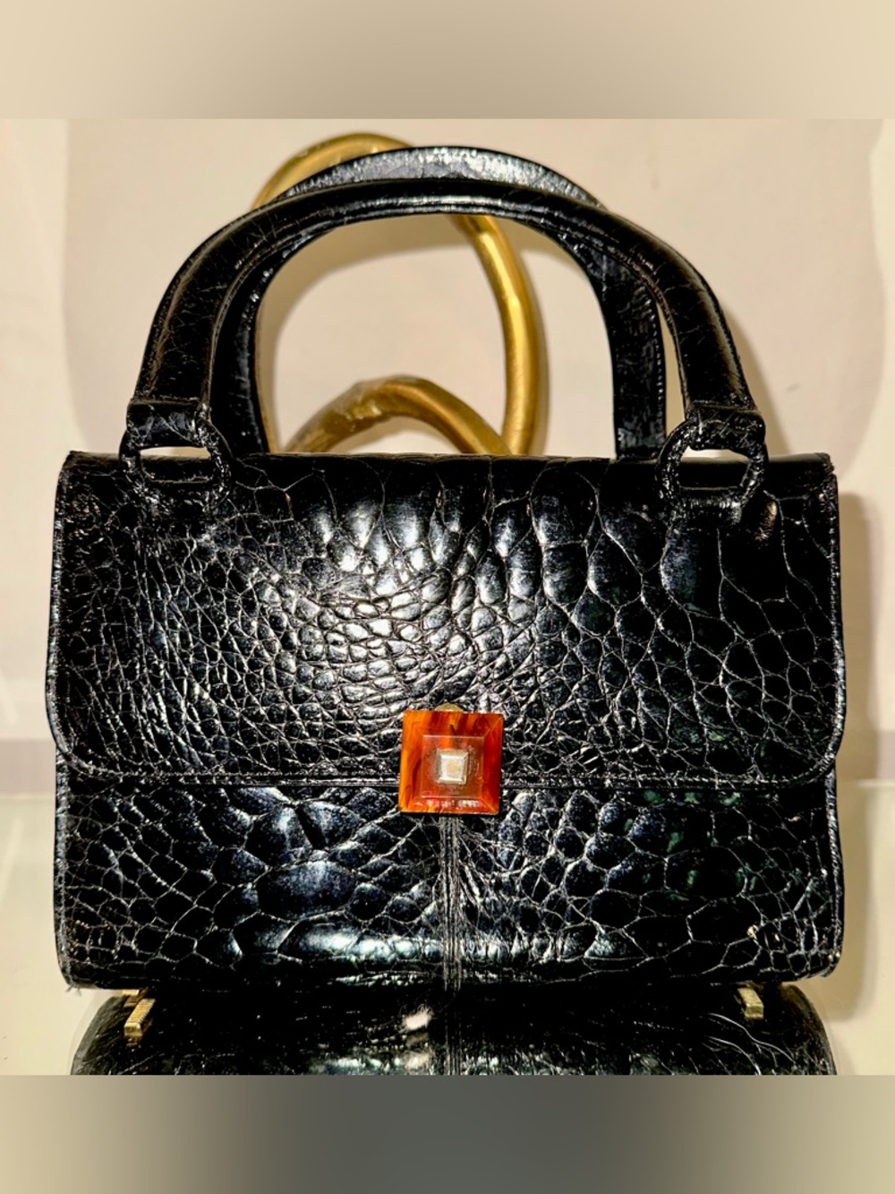 Vintage Coblentz genuine exotic skin handbag with stunning faux tortoise clasp